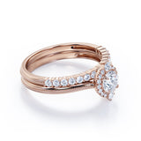 Beaded 0.60 Carat TDW Brilliant Round Cut Diamond Halo Antique Wedding Ring Set In White Gold