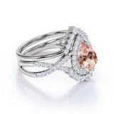 Infinity 1.75 ct Pear Morganite Halo Art Deco Wedding Set