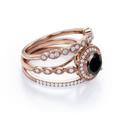 Bestselling 2 Carat Lab Black Diamond Halo Trio Wedding Bridal Ring Set in Rose Gold