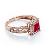 Designer Beaded 1.35 Carat Princess Cut  Lab Ruby And Diamond Halo Engagement Ring In White Gold