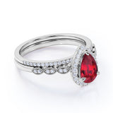 Vintage Art Deco Milgrain 2 Carat Pear Cut Lab Ruby Bridal Set with Diamond Pave Wedding Bands in White Gold