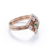 Decorated Kite Shape 0.8 carat Round Green Moss Agate and Moissanite Bridal Ring Set in White Gold