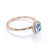 Minimalist Solitaire 1.25 Carat Round Cut Natural Ocean Blue Aquamarine and Diamond Halo Female Engagement Ring