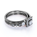 3 Stone Cathedral Modern Art Deco 1 ct TDW Princess Cut Diamond Milgrain Bridal Set - Wedding Set - 10K White Gold