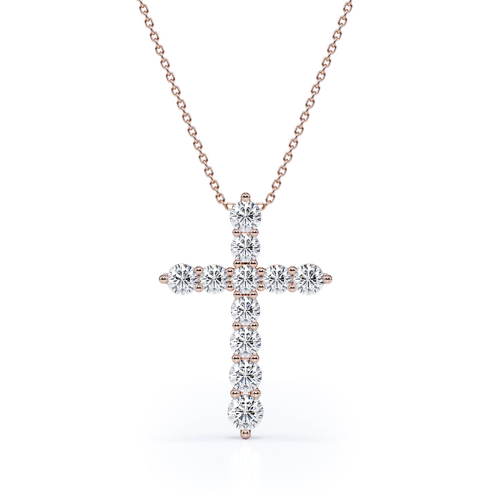 Shared-Prong 0.10 TCW Round Shape Moissanite Pave Style Cross Pendant Necklace in 18K White Gold Plating over Silver