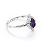 Simple Antique 5 Stone 1.25 Carat Pear Shaped Synthetic Purple Alexandrite and Diamond Halo Engagement Ring in White Gold for Women