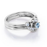 6 Prong Tension Design - 0.55 TCW Round Shaped Aquamarine and Moissanite - Flush Chanel Wedding Ring Set -  Black Gold