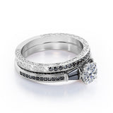 Art Deco 5-Stone 1.55 TCW Round Shape Moissanite with Lab Created Black Diamond Triple Pave-Channel Wedding Set in Rose Gold