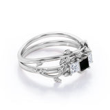 1.25 carat princess cut  Black Diamond three stone vine leaf wedding ring set in white gold
