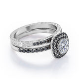 Cushion Double Halo 1.75 TCW Round Brilliant Cut Moissanite with Lab Created Black Diamond Bridal Set with Pave Accents in Black Gold