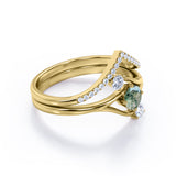 Three Stone Ring Twig-Inspired with 0.7 carat Round Moss Agate and Moissanite Wedding Ring Set in Rose Gold