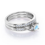 Trilogy Duo Milgrain 0.7 TCW Princess Cut Moonstone and Moissanite Vintage Bridal Ring Set in White Gold