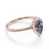 Vintage 1.35 ct Tear Drop Black Rutilated Quartz Halo Engagement Ring