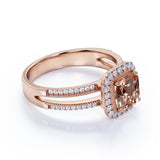 Vintage 1.50 ct Cushion Cut Pink Morganite & Moissanite Halo Wedding Ring in 18K Rose Gold over Silver