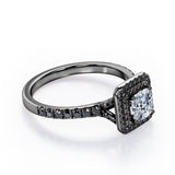 Double Halo Design - 1.45 TCW Princess Cut Moissanite with Lab Created Black Diamond - Engagement Ring with Pave Accents in Black Gold