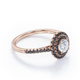 Double Halo Cluster - 1.5 TCW Round Shape Moissanite with Lab Created Black Diamond - Pave Accented Engagement Ring in Rose Gold