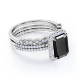 Affordable 2 Carat Emerald cut Lab Black Diamond Antique Wedding Trio Ring Set in White Gold