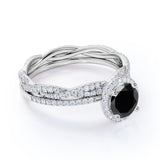 Antique Vintage 2 Carat Lab Black Diamond Halo Wedding Ring Set for Women in White Gold