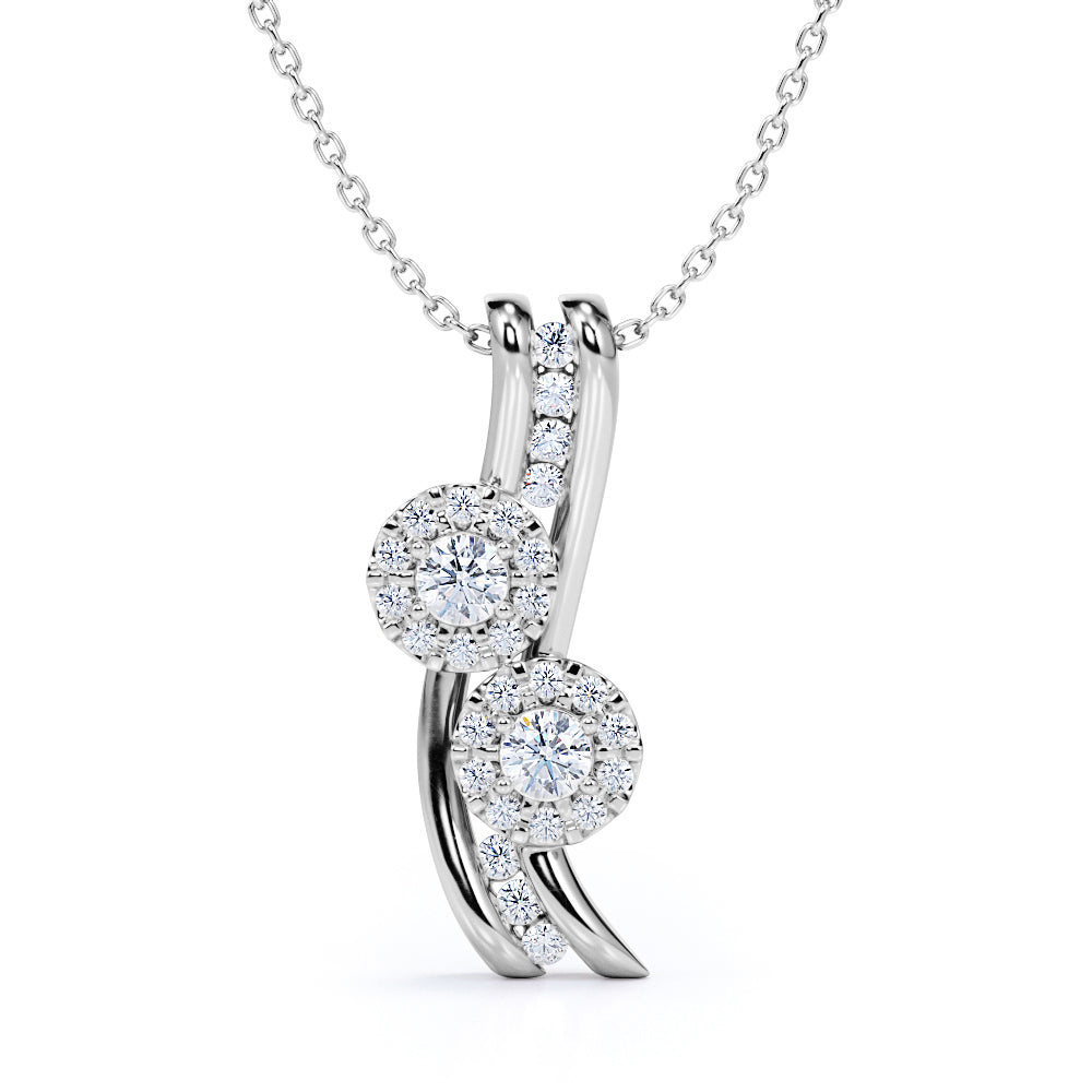 Rolling 0.45 carat Round Twin Halos Moissanite and Diamond Wavey Pendant and Necklace in 18k Black Gold Over Silver