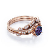 Vintage 1.50 Ct Round Lab Alexandrite Bridal Set