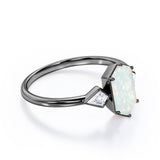 Trillion Six Prong 1.20 Carat Hexagon Shaped White Opal And Diamond Three Stone Bezel Set Engagement Ring In White Gold