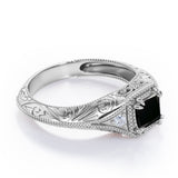 Vintage Eight Claws 1.10 Carat Princess Cut Black Diamond Three Stone Engagement Ring In White Gold