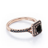 Double Halo Design - 1.45 TCW Princess Cut Lab Created Black Diamond - Engagement Ring with Pave Accents in White Gold