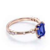 Sharp Eight Claws 1.10 Carat Emerald Cut Sapphire And Diamond Beaded Engagement Ring In Rose Gold