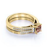 Limited Time Sale: 2 Carat Princess cut Morganite and Diamond Halo Art Deco Wedding Ring Set in Yellow Gold