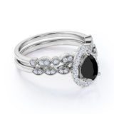 Beautiful 1.75 Carat Pear cut Lab Black Diamond Halo Wedding Ring Set in Rose Gold