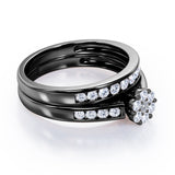 Flower Cluster Design 0.5 TCW Round-Shaped Moissanite and Diamond Flush-Channel Bridal Ring Set in  Black Gold