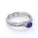 Milgrain Three Stone Bezel Set 2 Carat Pear Cut Sapphire and Diamond Wedding Set with Infinity Band in White Gold