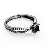 Twisted and Split Pinched Shank 0.65 carat Princess Black Diamonds Elegant Engagement Ring in White Gold