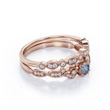 Vintage Nature Inspired 0.75 Carat Round Cut Natural Icy Grey Salt and Pepper Diamond with Art Deco Band Wedding Ring Sets in Rose Gold for Her