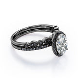 1.65 TCW Oval Cut Moissanite with Lab Created Black Diamond - Milgrain Filigree - Scalloped Pave Bridal Ring Set in White Gold