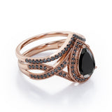 1.75 ct Pear Lab Black Diamond Milgrain Halo Wedding Ring Set