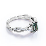 Twisted Infinity Solitaire 0.75 Carat Emerald Cut Lab Created Green Alexandrite and Semi Eternity Diamond Pave Engagement Ring in Rose Gold for Women