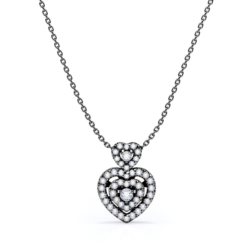 Trio Romantic Heart 1.10 carat Round Moissanite and Diamond Pendant with Necklace in 18k Rose Gold Over Silver