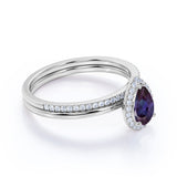 Minimalist Halo 1.25 Carat Pear Cut Artificial Alexandrite and Diamond Half Eternity Band Wedding Ring Sets