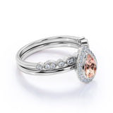 Classic Pave 1.50 Carat Pear Shape Morganite and Diamond Halo Bridal Ring Set with Art Deco Band in White Gold