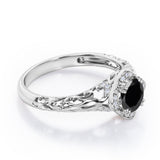 Cushion Framed 1.10 Carat Round Cut Black Diamond Halo Art Deco Engagement Ring In White Gold