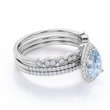 Affordable 2 Carat Pear cut Aquamarine and Diamond Antique Wedding Trio Ring Set in Rose Gold