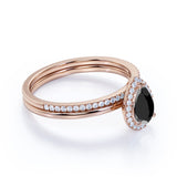 1.35 Carat Pear cut Lab Black Diamond Bridal Set with semi eternity wedding band in White Gold