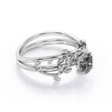 0.50 Ct Round Salt and Pepper Diamond Floral Bridal Set