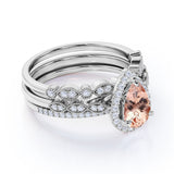 Limited Time Sale: Huge 2 Carat Pear cut Morganite and Diamond Trio Wedding Ring Set in Rose Gold