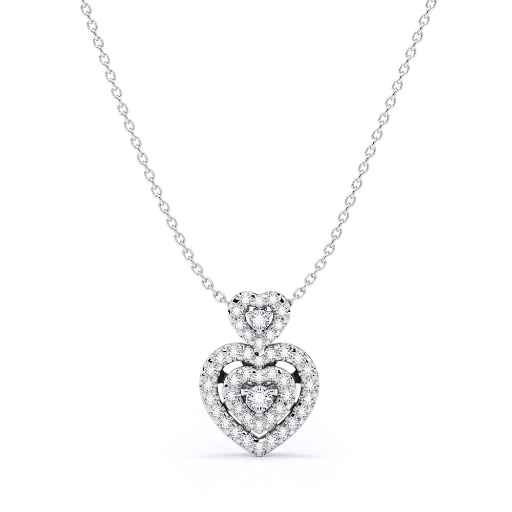 Trio Romantic Heart 1.10 carat Round Moissanite and Diamond Pendant with Necklace in 18k Rose Gold Over Silver