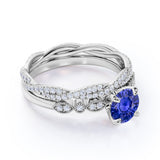 Art Deco 2.25 Carat Round Cut Sapphire and Diamond Bridal Ring Set with Infinity Band in White Gold