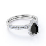 Antique Vintage 1.75 Carat Pear cut Lab Black Diamond Halo Wedding Ring Set for Women in White Gold