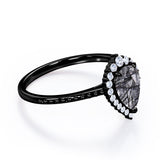 Vintage 1.35 ct Tear Drop Black Rutilated Quartz Halo Engagement Ring