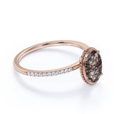 Classic Bezel Set 1.25 Carat Oval Cut Solid Dendritic Black Brown Rutilated Quartz and Diamond Pave Engagement Ring